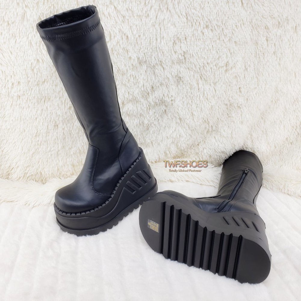 Stretch Platform Wedge Heel Knee Boots Goth Punk - Picture 4 of 9